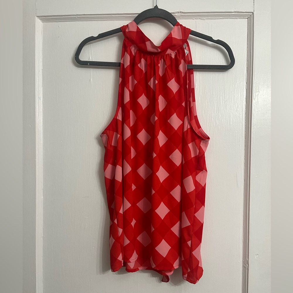 J. Crew Red and Pink Checker High Neck Tie Back Blouse Size 10